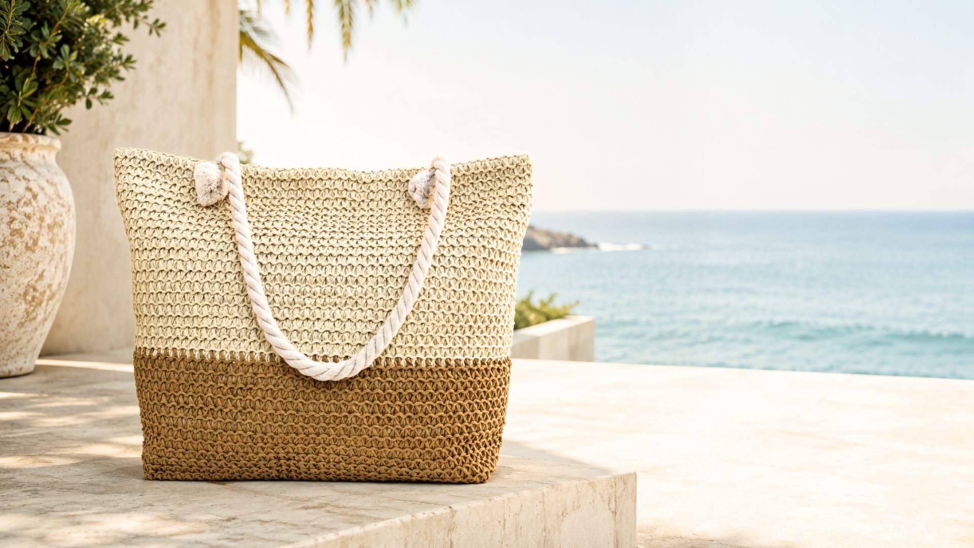 A large straw beach bag with zipper in a luxury beach resort setting with ocean in the background