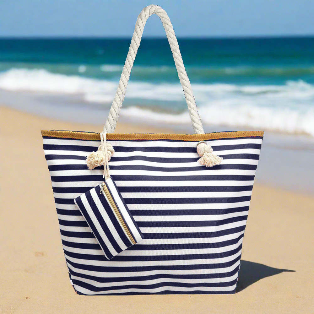 Oversized Navy and White Striped Beach Tote Bag with Rope Handles