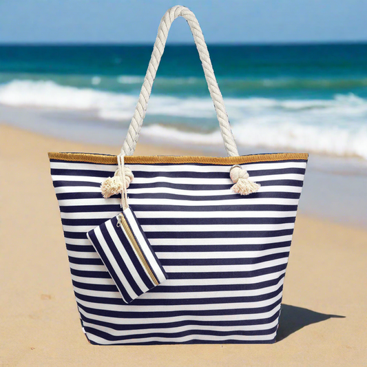 Stylish beach bag with zipper resting near ocean waves