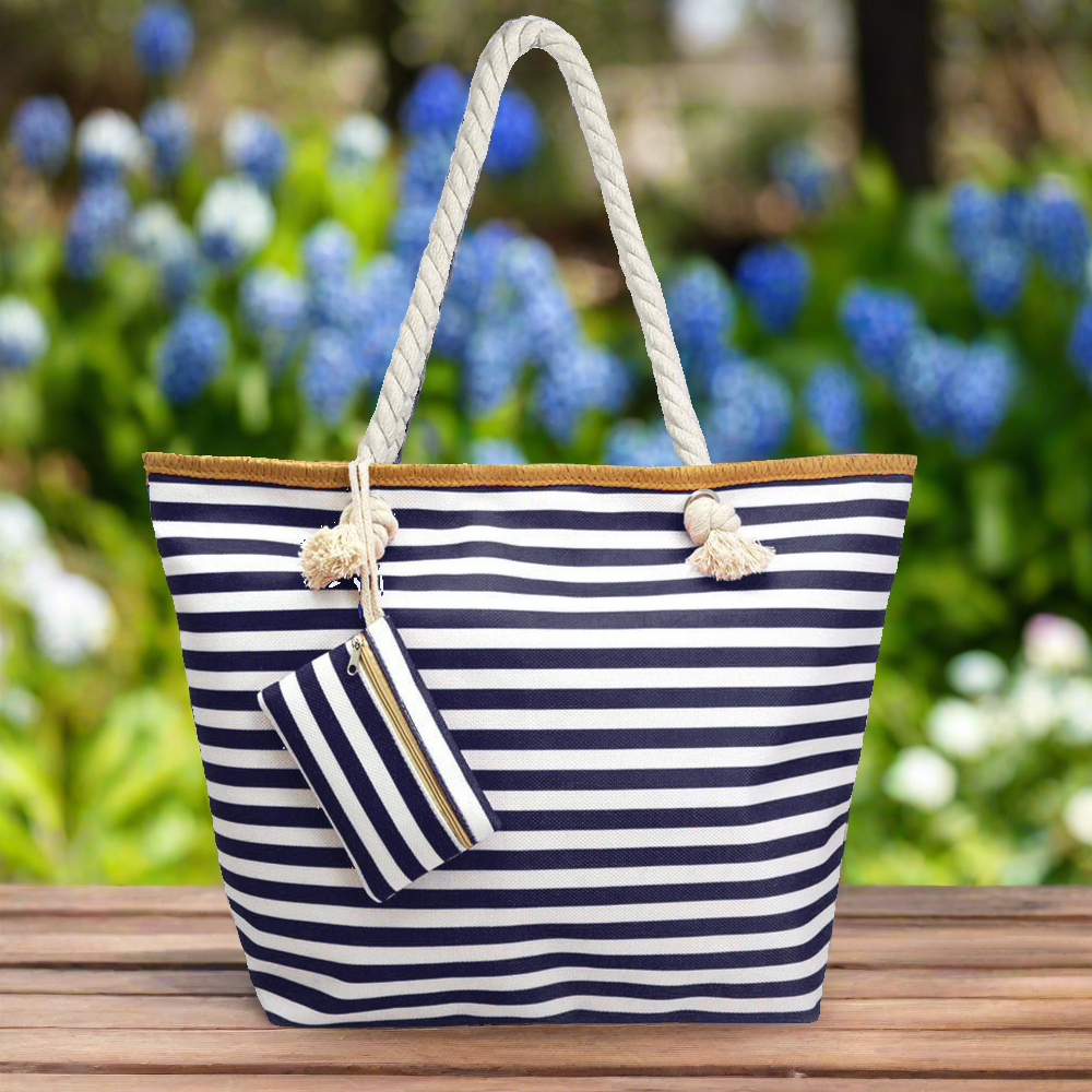 Navy stripe beach bag sale