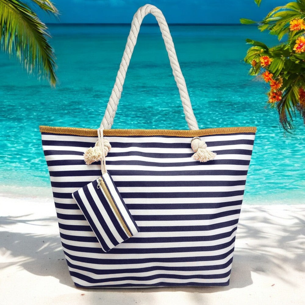 Nautical canvas beach bag with navy and white stripes, zipper closure, and spacious interior for organized beach day essentials.