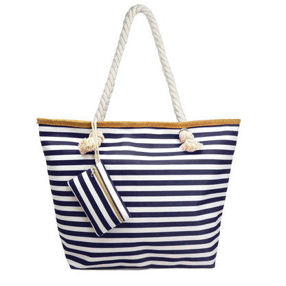 large, classic navy and white stripe pattern beach bag tote with rope handles