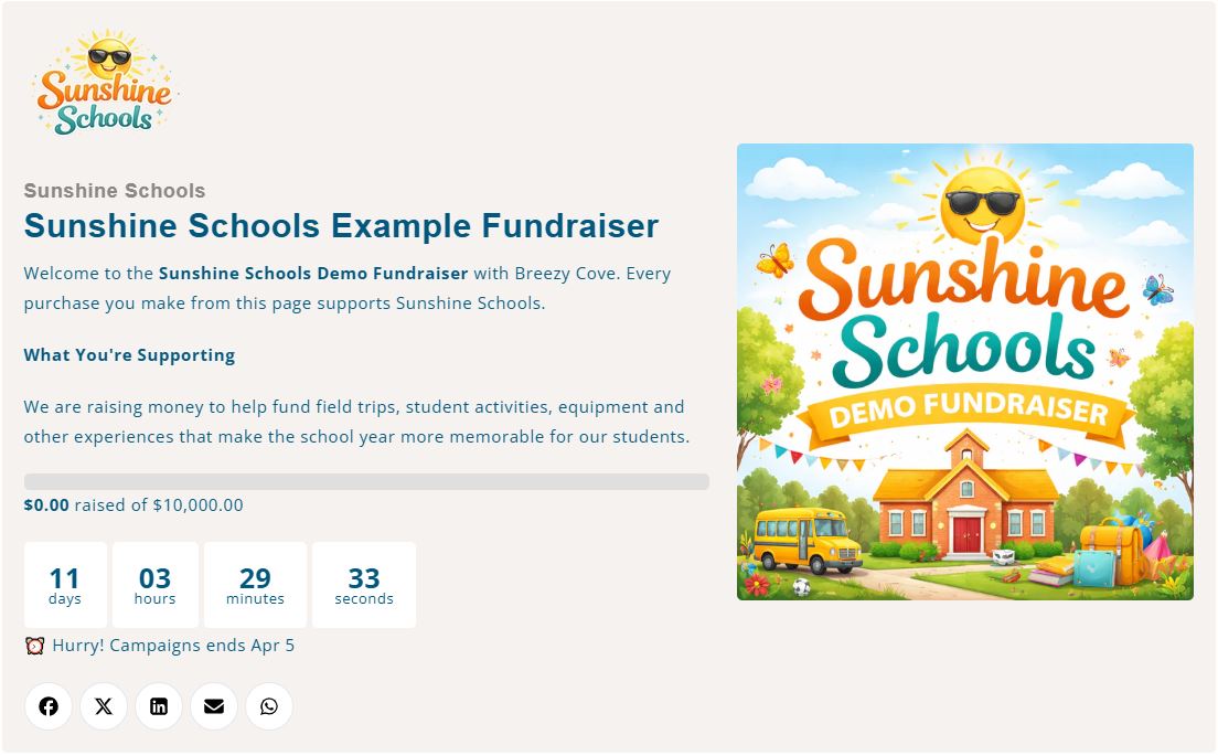 Screenshot of a sample school fundraiser page for Sunshine Schools with fundraiser details, countdown timer, fundraising goal, and demo fundraiser image