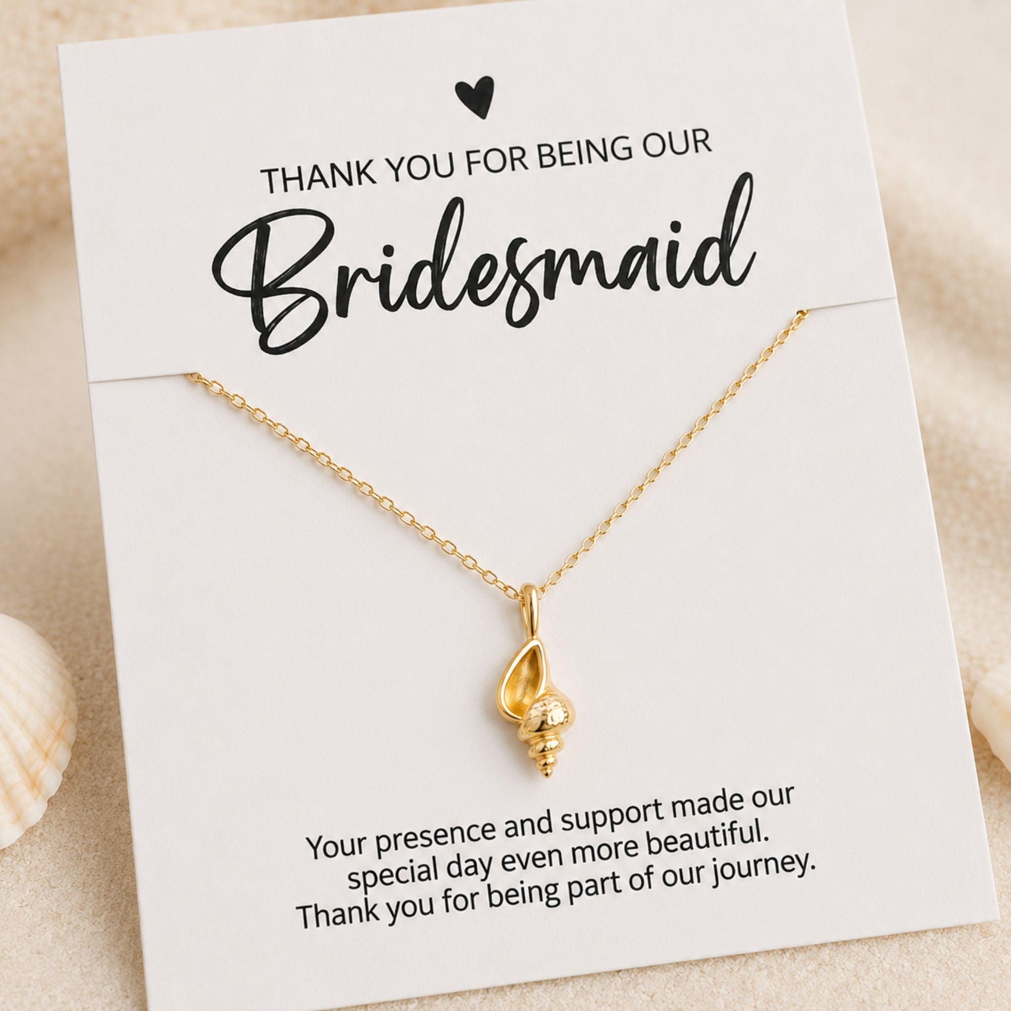 Bridesmaid coastal necklace gift with gold conch shell pendant and thank you card