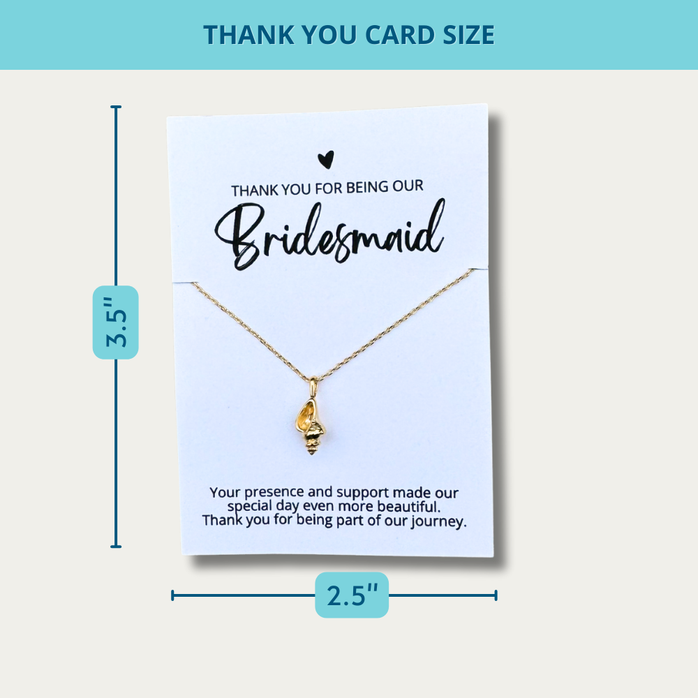 thank you card size for an 18k gold dipped conch shell necklace on a bridesmaid thank you card for an affordable bridal party gift for beach wedding