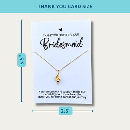 thank you card size for an 18k gold dipped conch shell necklace on a bridesmaid thank you card for an affordable bridal party gift for beach wedding