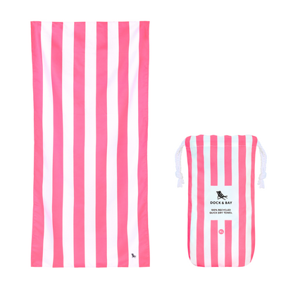 hot bright pink and white striped quick dry Dock and Bay extra large beach towel with carrying bag