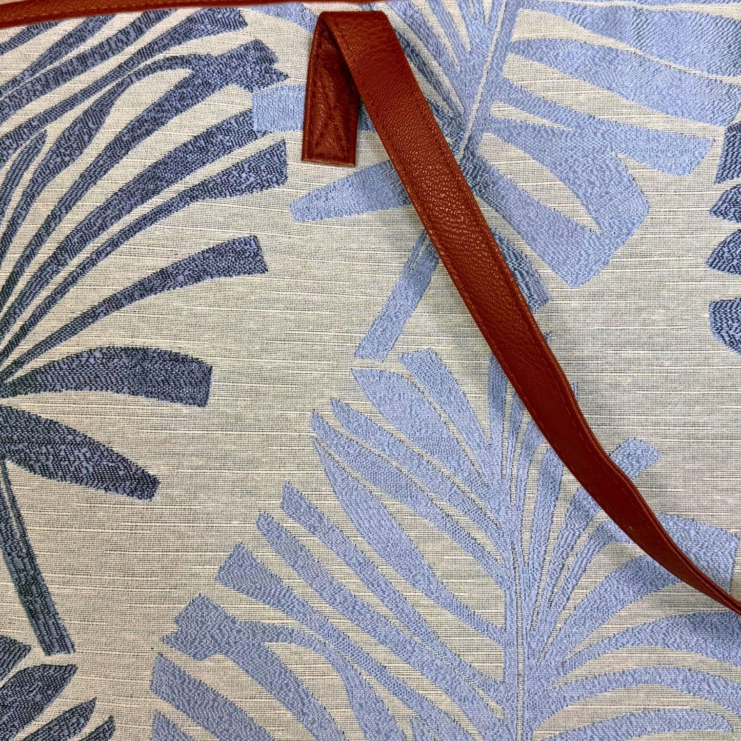 Blue Palm Leaves Canvas Beach Tote with Zipper, Faux Leather Handles