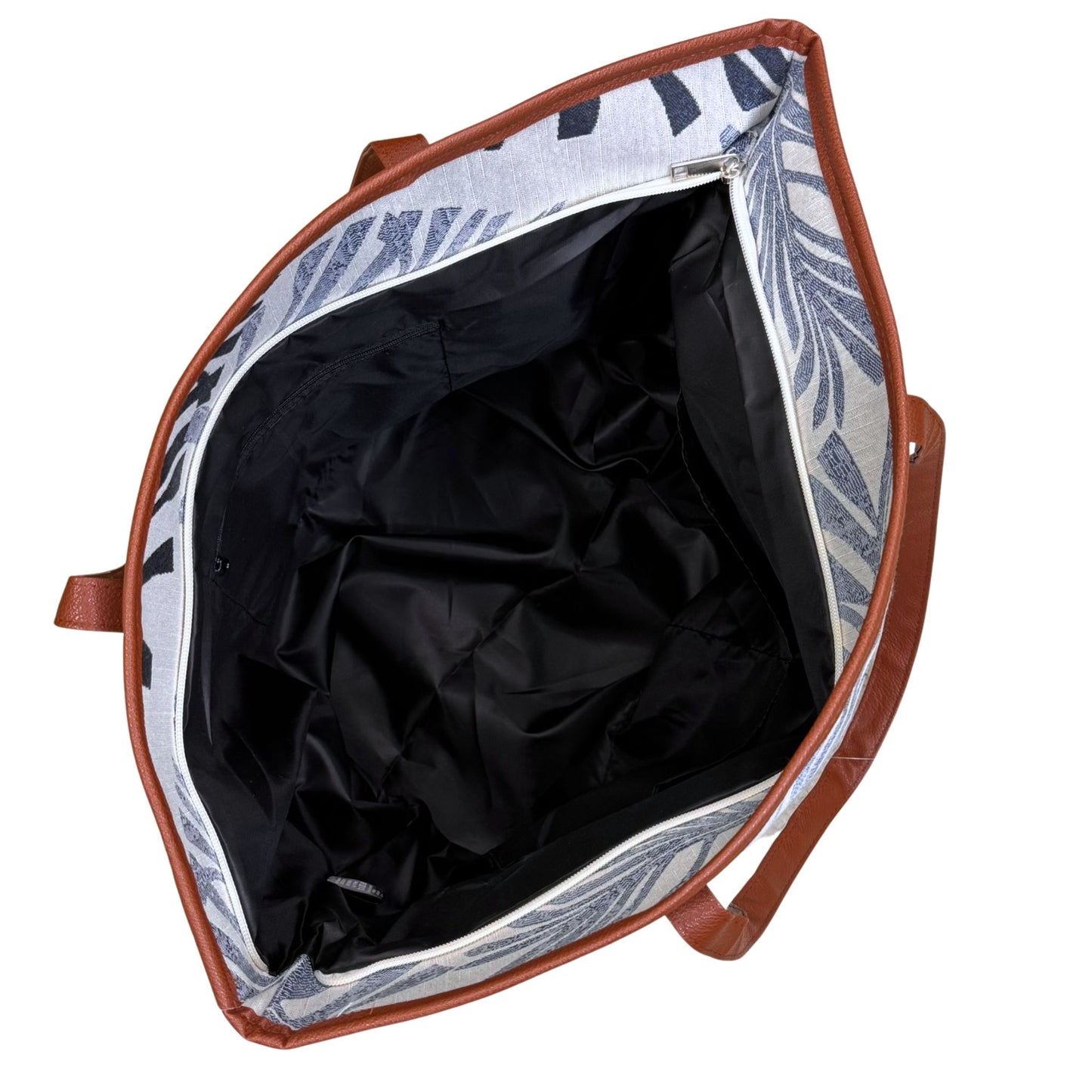 Blue Palm Leaves Canvas Beach Tote with Zipper, Faux Leather Handles