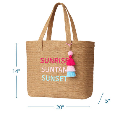 Raffia Message Beach Bag Tote: Sunrise, Suntan, Sunset with Tassel