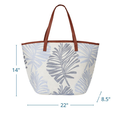 Blue Palm Leaves Canvas Beach Tote with Zipper, Faux Leather Handles