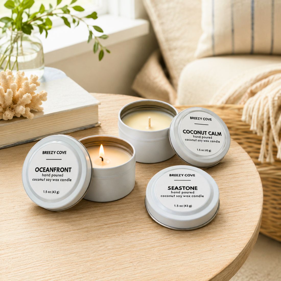 Clean burning beach candles from the Beachside Mini Candle Trio styled on a coastal home table for a relaxing beach escape at home.