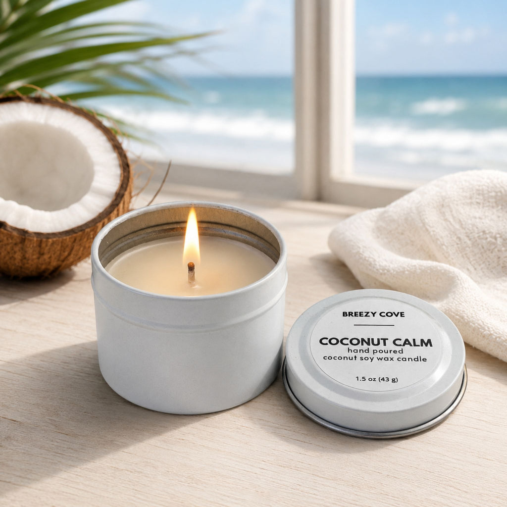 Lit Coconut Calm coconut soy beach candle in a coastal setting with coconut, soft linen, and an ocean view.