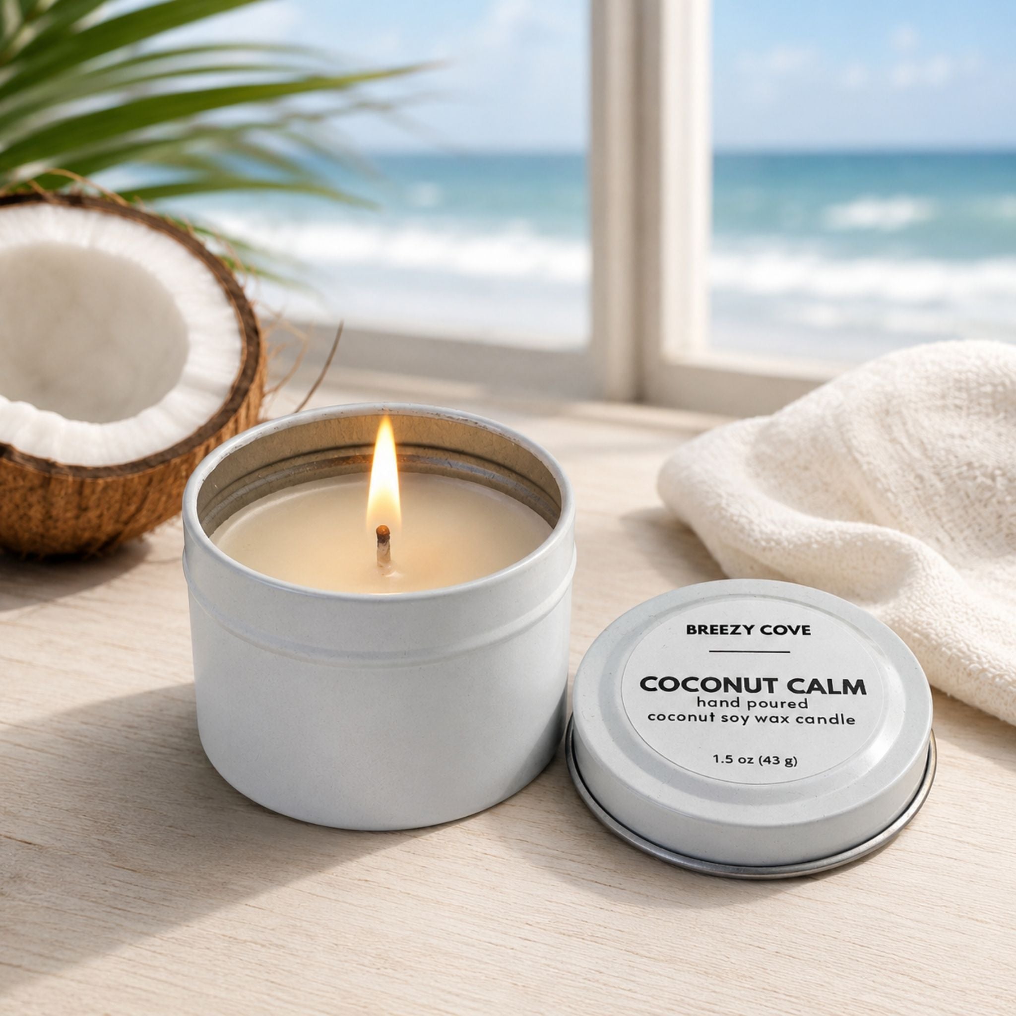 Lit Coconut Calm coconut soy beach candle in a coastal setting with coconut, soft linen, and an ocean view.