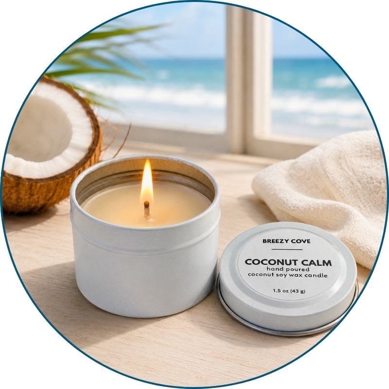 Lit Coconut Calm coconut soy beach candle in a coastal setting with coconut, soft linen, and an ocean view.