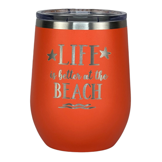 coral, engraved, metal, insulated 12 oz "Life is better at the beach" metal drink tumbler with lid is perfect for keeping drinks hot or cold