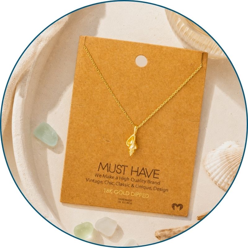 Gold conch shell necklace on jewelry card with white organza gift bag — 18k gold dipped beach necklace ready to gift
