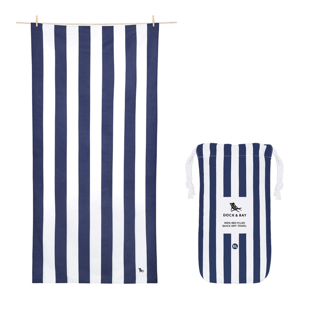 Extra large navy striped microfiber beach towel with matching compact travel pouch