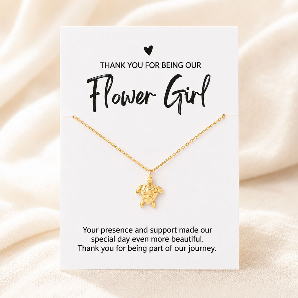Flower Girl beach wedding necklace gift with gold sea turtle pendant and thank you card