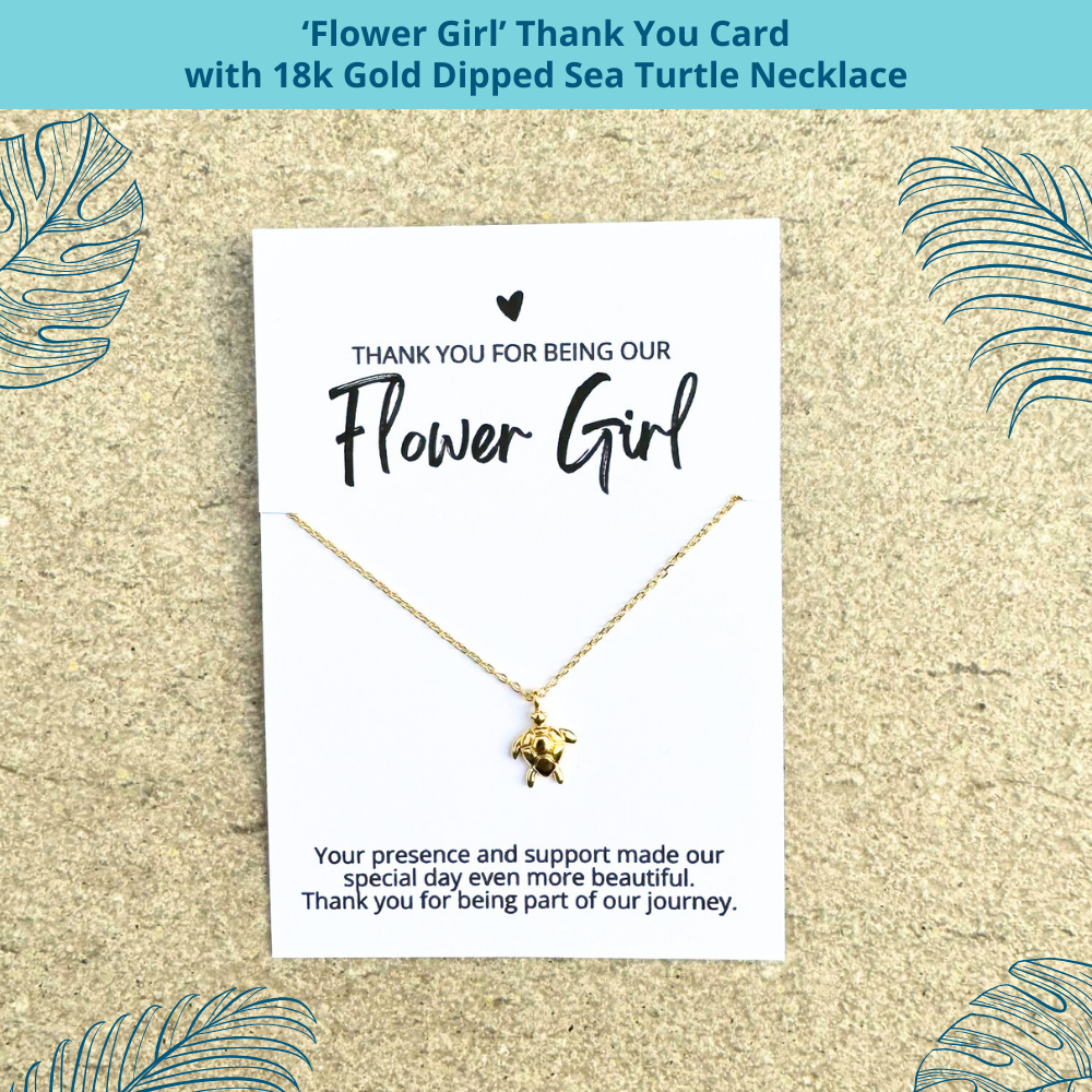 beach wedding bridal party thank you gift with 18k gold dipped sea turtle necklace and jr. bridesmaid thank you card