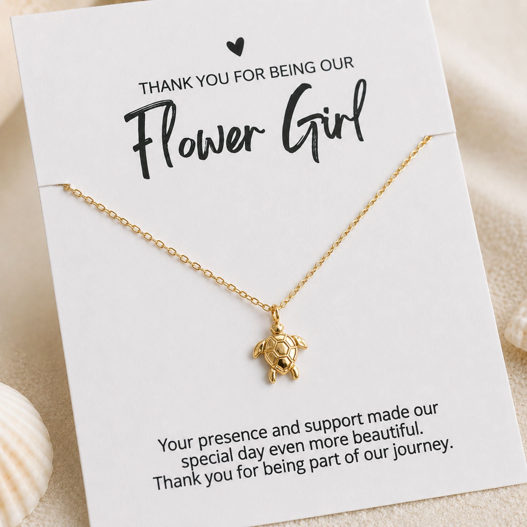 Flower Girl coastal necklace gift with gold sea turtle pendant and thank you card
