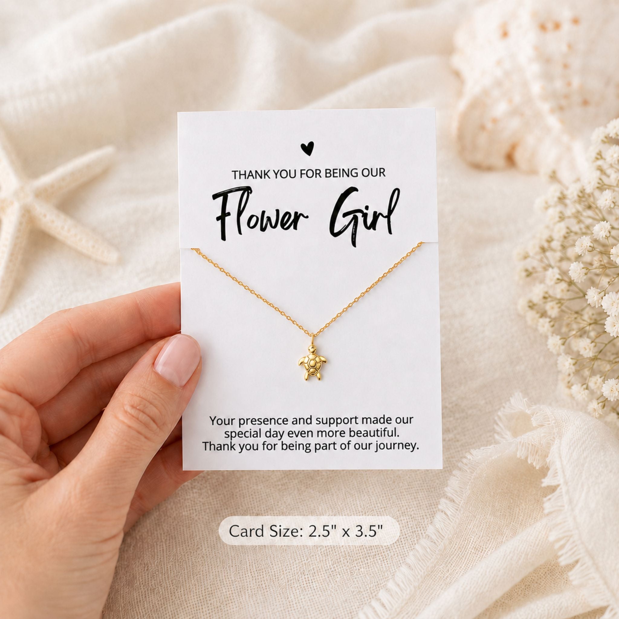 Flower Girl beach wedding sea turtle necklace gift shown in hand for size reference