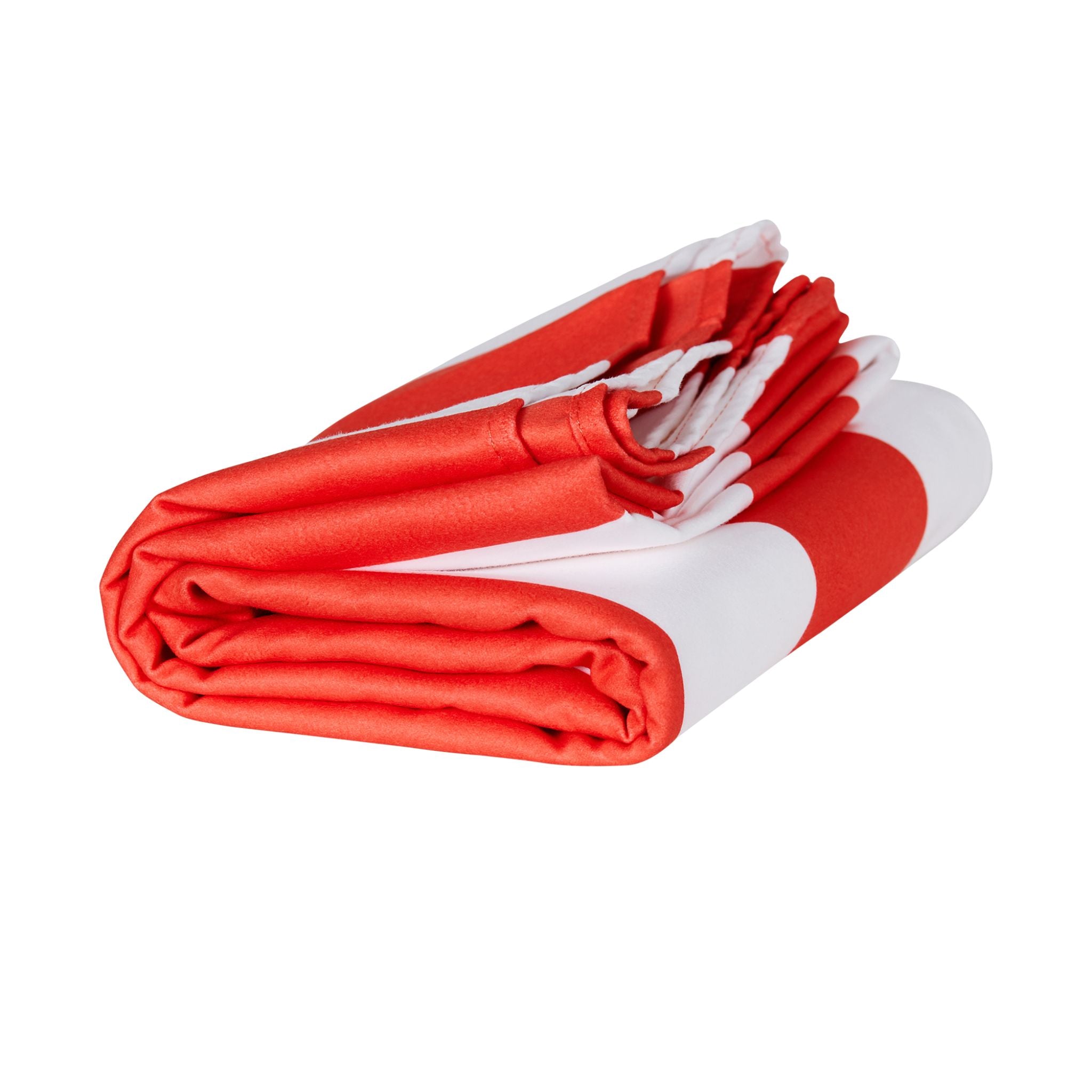 Folded coral striped quick dry beach towel made from lightweight microfiber for easy packing