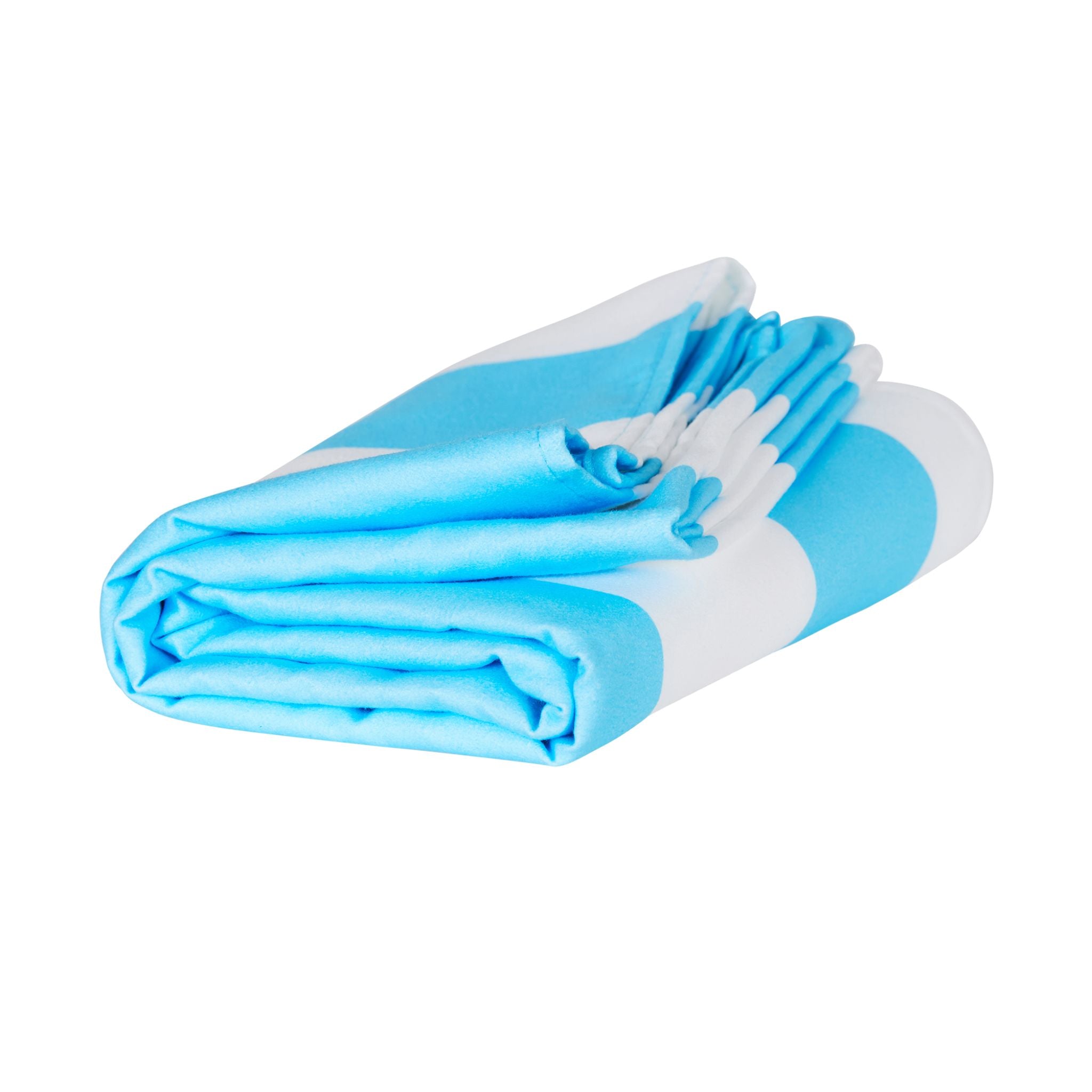 Folded light blue striped quick dry beach towel made from lightweight microfiber for easy packing