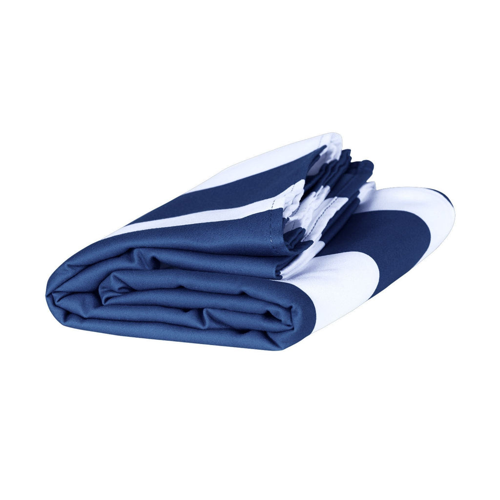 Folded navy striped quick dry beach towel made from lightweight microfiber