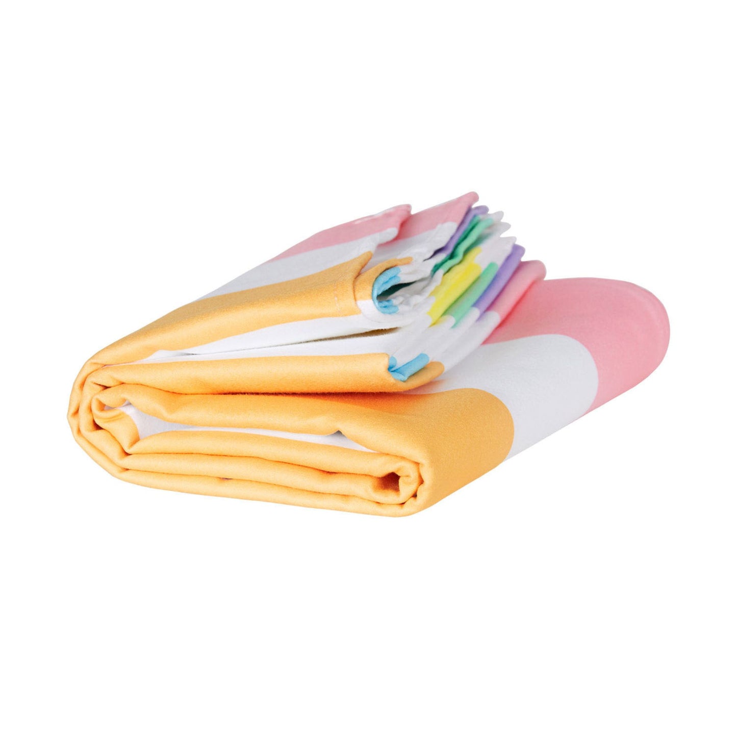 Folded pastel striped quick dry beach towel made from lightweight microfiber for easy packing