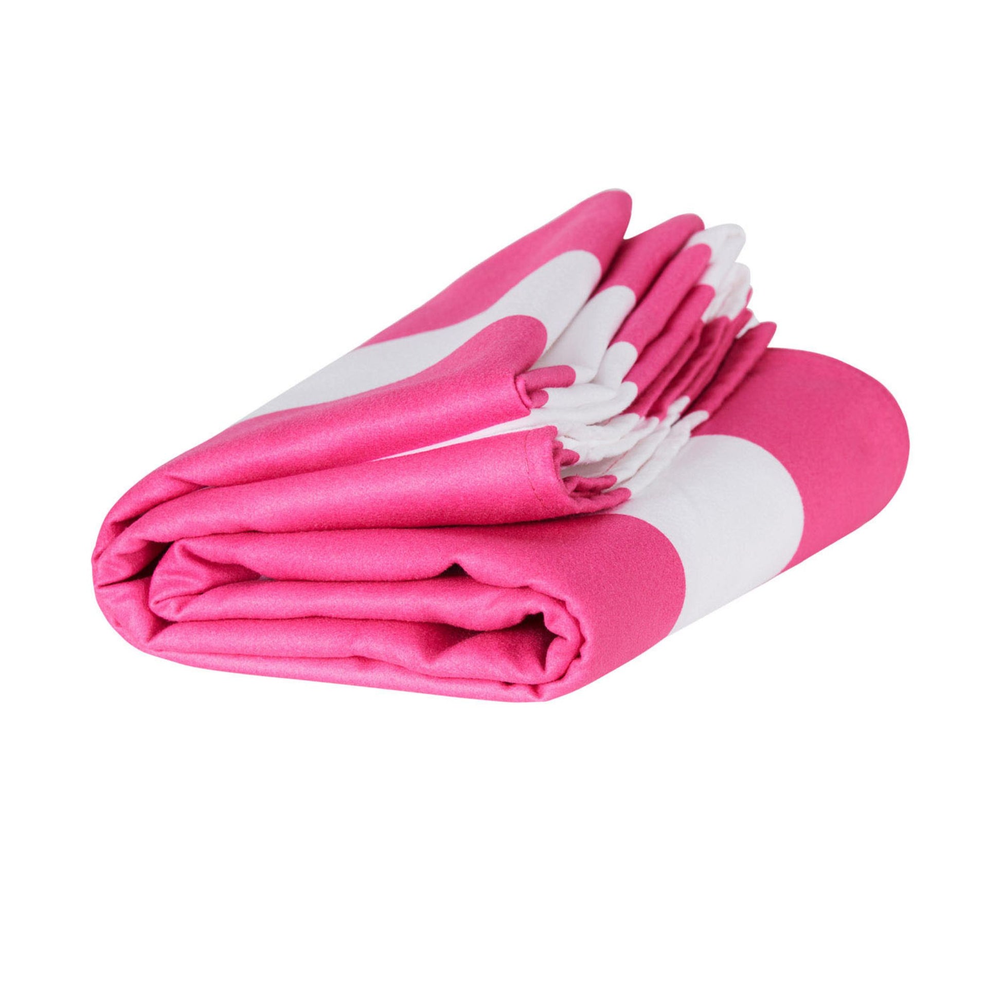 Folded pink striped quick dry beach towel made from lightweight microfiber for easy packing