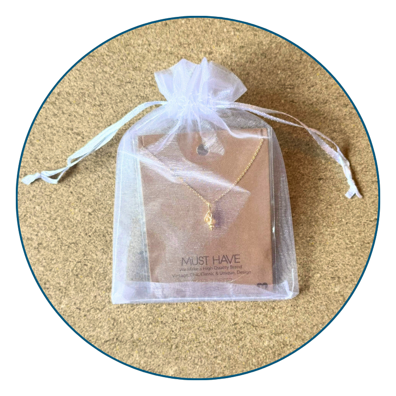 Gold conch shell necklace in sheer white organza bag with ribbon, perfect for gifting or jewelry storage.