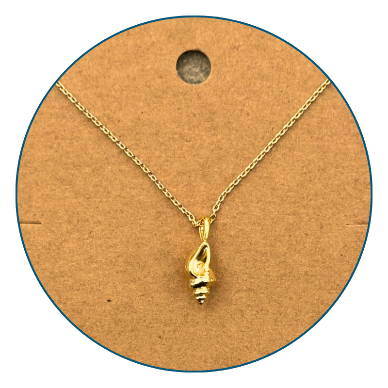 Close-up of 18k gold dipped conch shell necklace pendant with polished golden shine and detailed shell design.