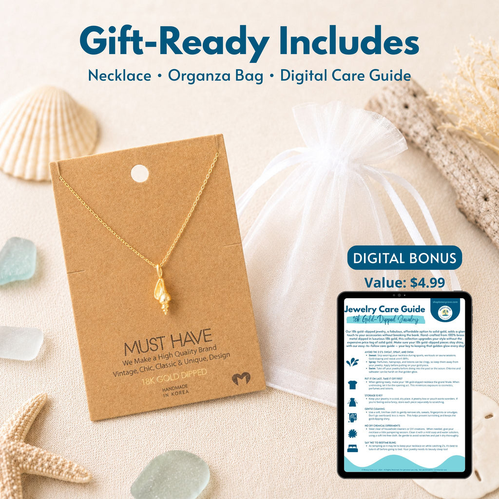 Gold conch shell necklace gift set — includes 18k gold dipped conch shell necklace on jewelry card, white organza bag, and digital jewelry care guide