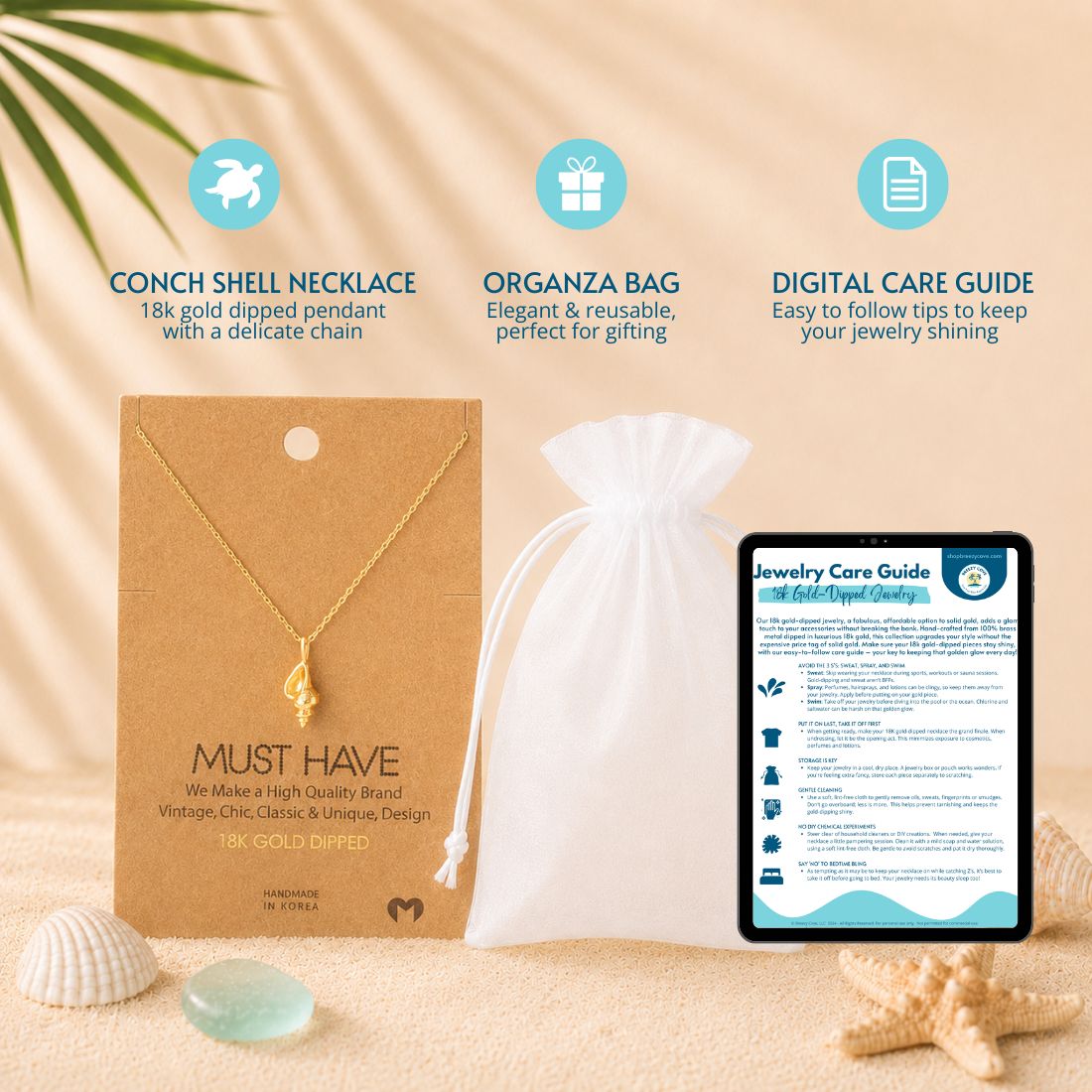 What's included with the gold conch shell necklace — 18k gold dipped conch shell necklace on jewelry card, white organza gift bag, and digital jewelry care guide