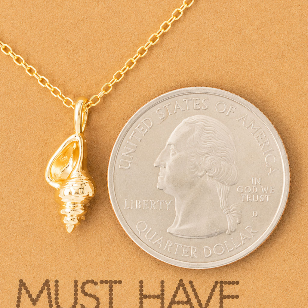 Dainty gold conch shell pendant necklace on a jewelry card — 18k gold dipped conch shell necklace for beach lovers