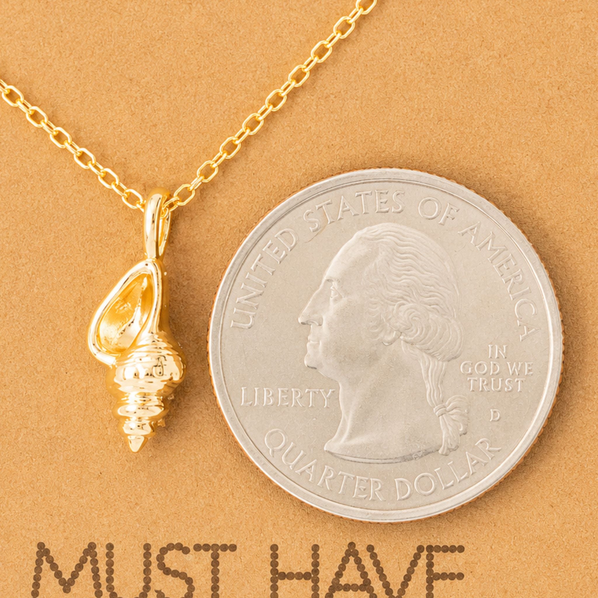 Dainty gold conch shell pendant necklace on a jewelry card — 18k gold dipped conch shell necklace for beach lovers