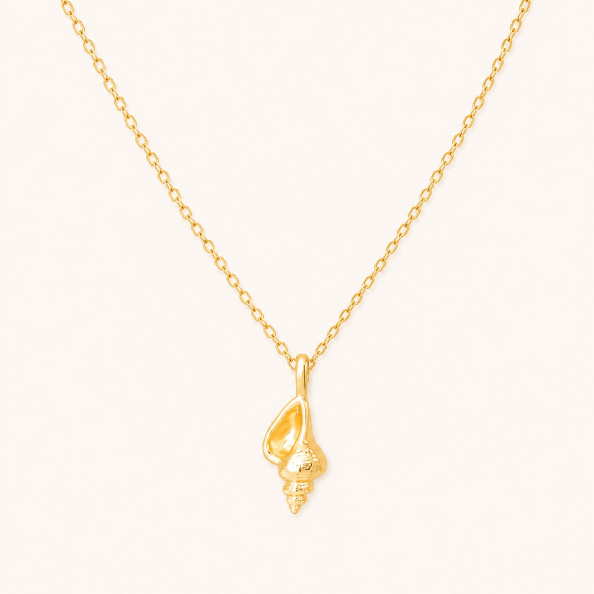 Gold conch shell pendant necklace on a 16-inch chain — 18k gold dipped conch shell jewelry on white background