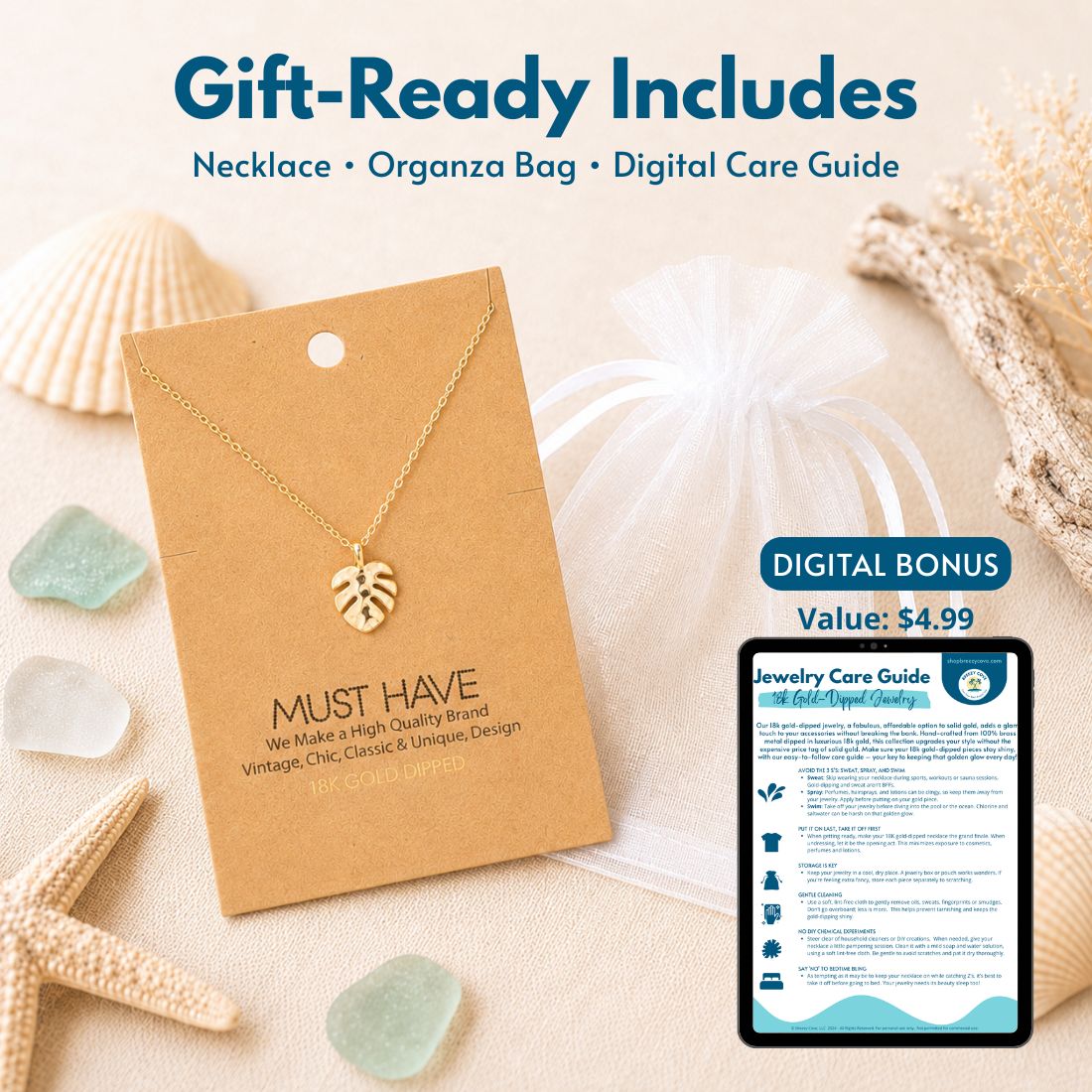 Gold monstera necklace with white organza gift bag — a thoughtful beach lover gift for women