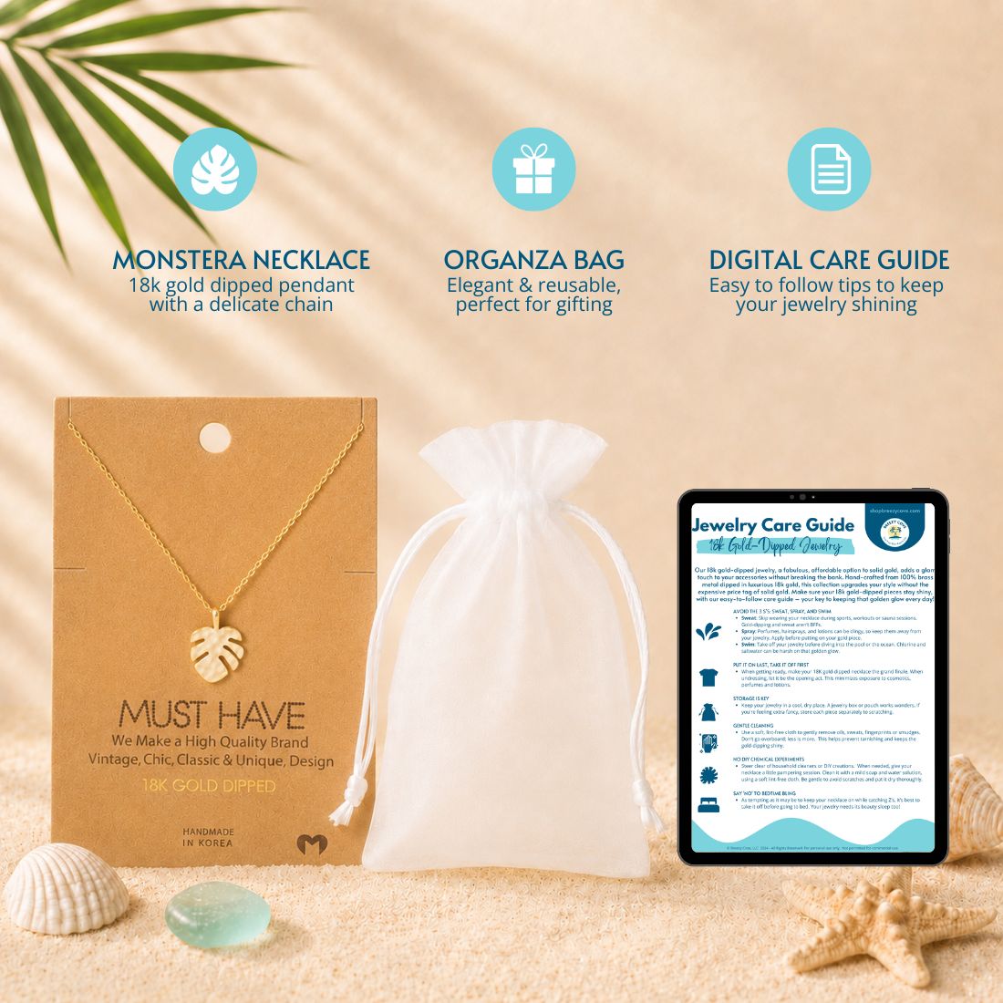 What's included with the gold monstera necklace — 18k gold dipped monstera necklace on jewelry card, white organza gift bag, and digital jewelry care guide