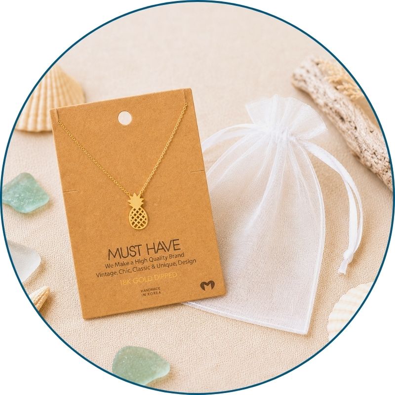Gold pineapple necklace with a white organza gift bag — 18k gold dipped pineapple pendant necklace ready to gift