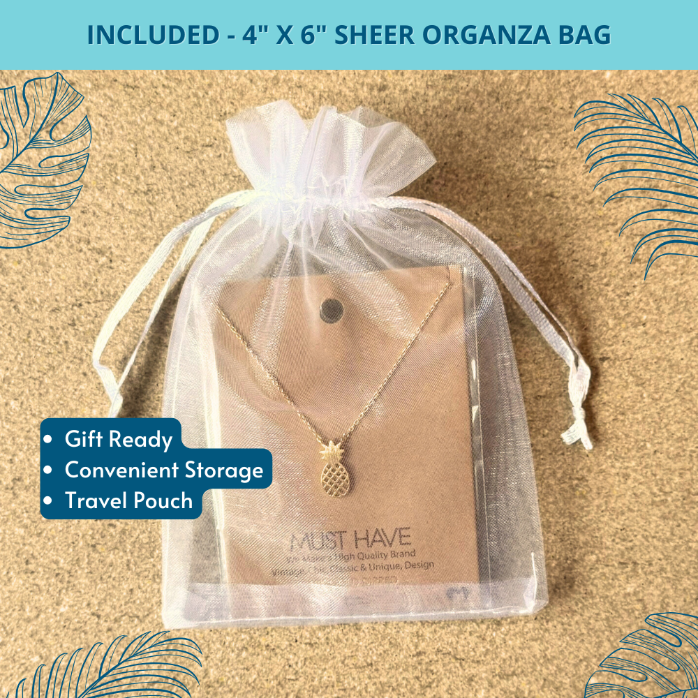 dainty pineapple pendant necklace in 18k gold, neatly packaged in a white organza gift bag, beach necklace gift for women