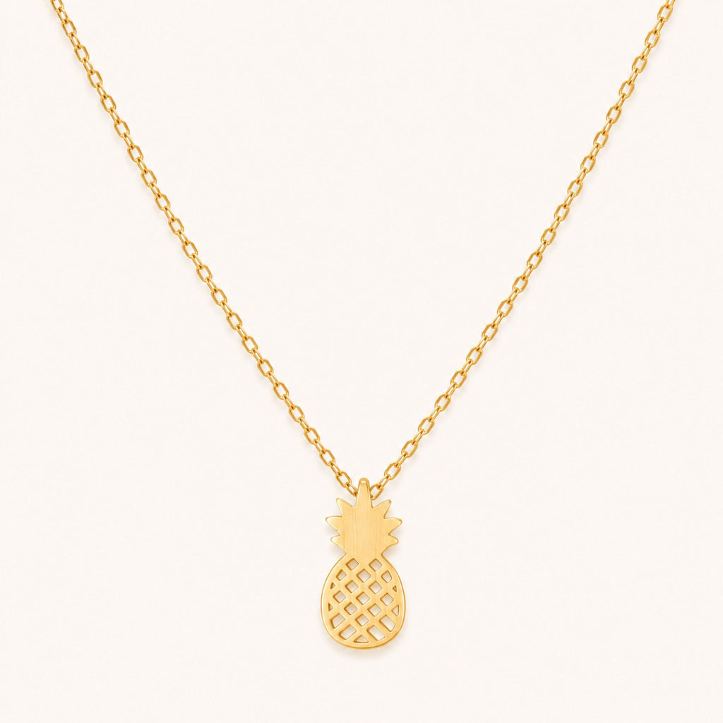Gold pineapple pendant necklace on a 16-inch chain — 18k gold dipped pineapple jewelry on white background
