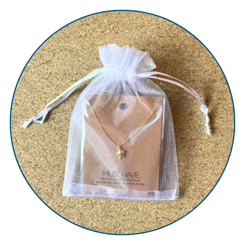 Gold sea turtle necklace in sheer white organza gift bag with ribbon, perfect for gifting or safe storage.