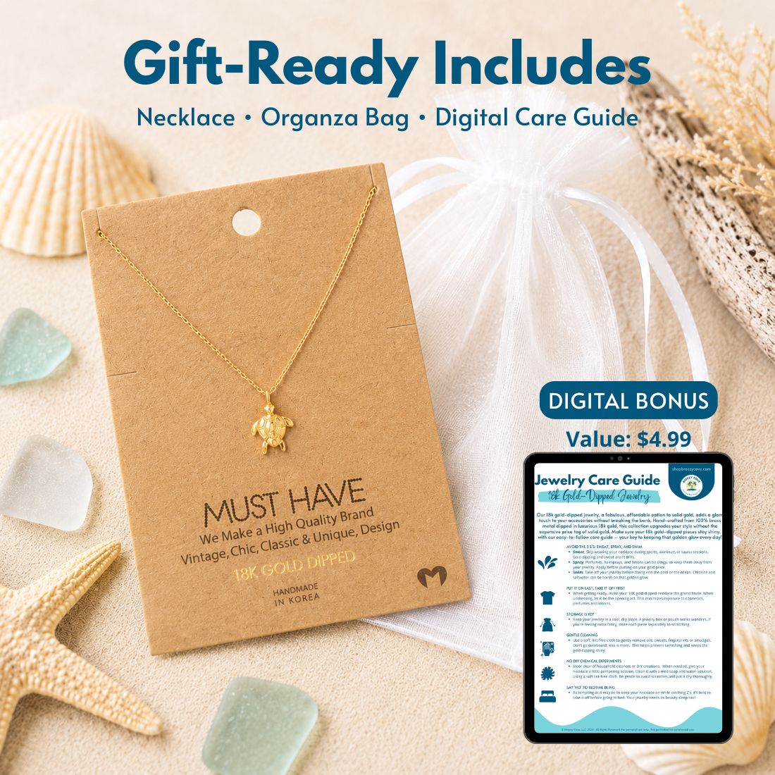 Gold sea turtle necklace with white organza gift bag — a thoughtful beach lover gift for women