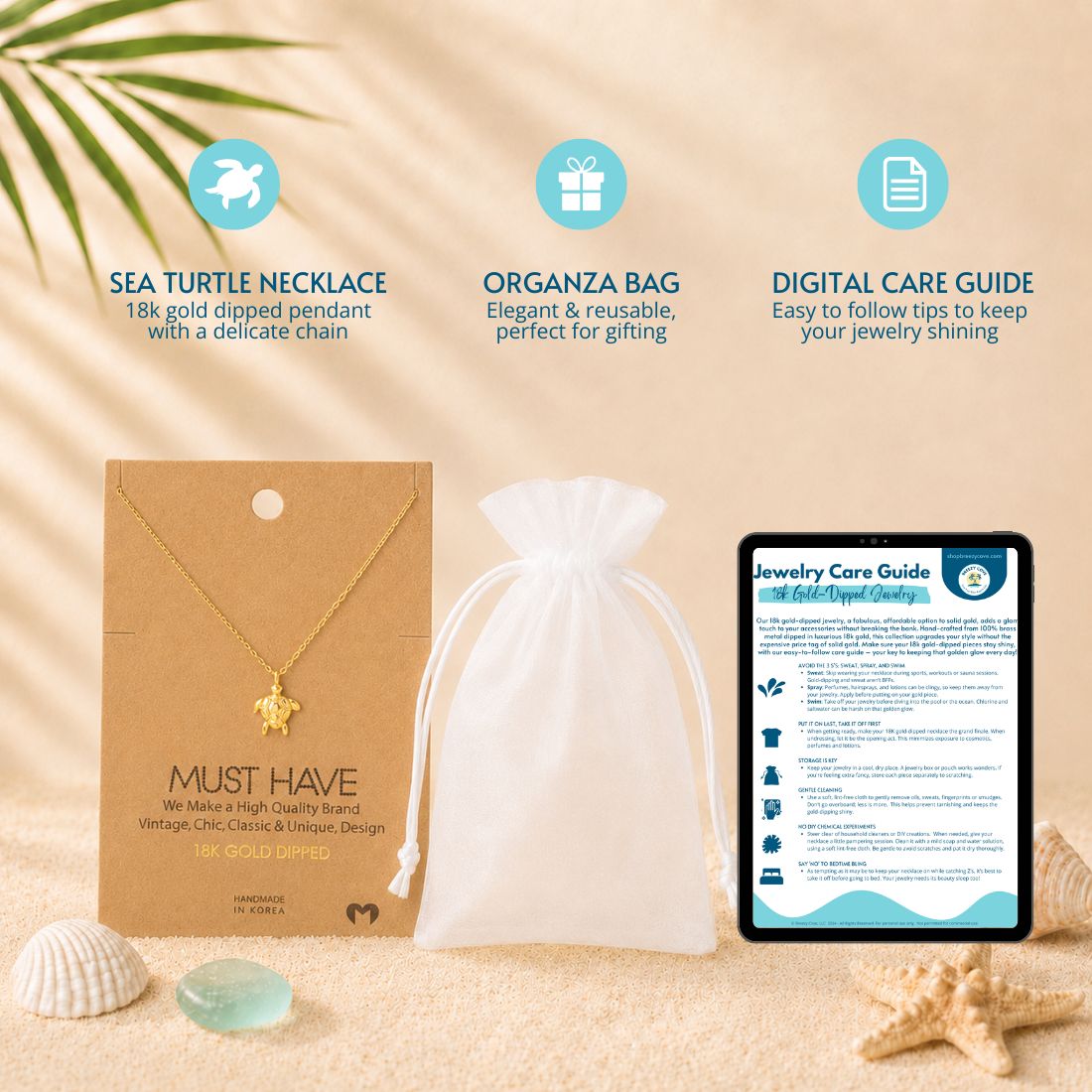 What's included with the gold sea turtle necklace — 18k gold dipped sea turtle necklace on jewelry card, white organza gift bag, and digital jewelry care guide