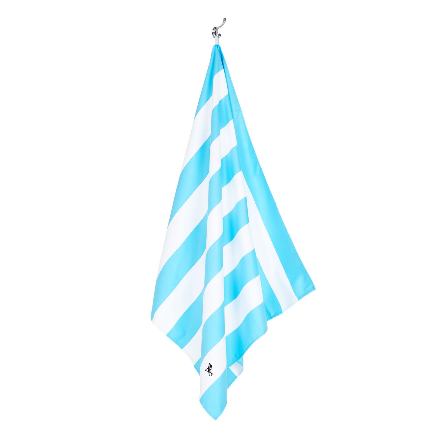 Hanging light blue striped extra large beach towel made with quick dry microfiber fabric