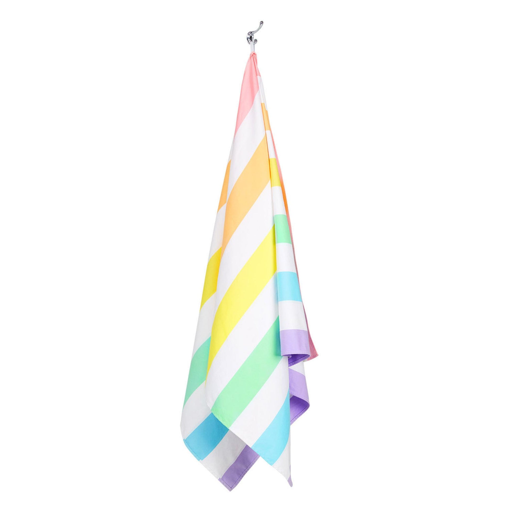 Hanging pastel striped extra large beach towel made with quick dry microfiber fabric