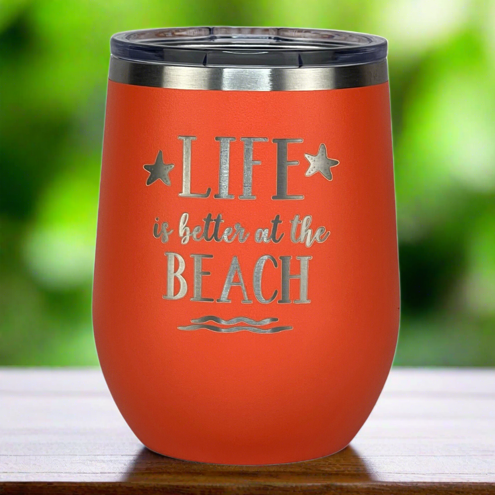 coral, engraved, metal, insulated 12 oz "Life is better at the beach" metal drink tumbler with lid is perfect for keeping drinks hot or cold