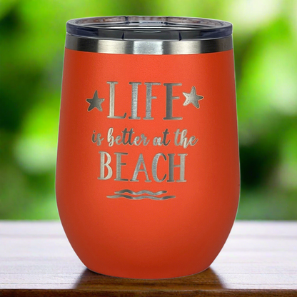 coral, engraved, metal, insulated 12 oz "Life is better at the beach" metal drink tumbler with lid is perfect for keeping drinks hot or cold